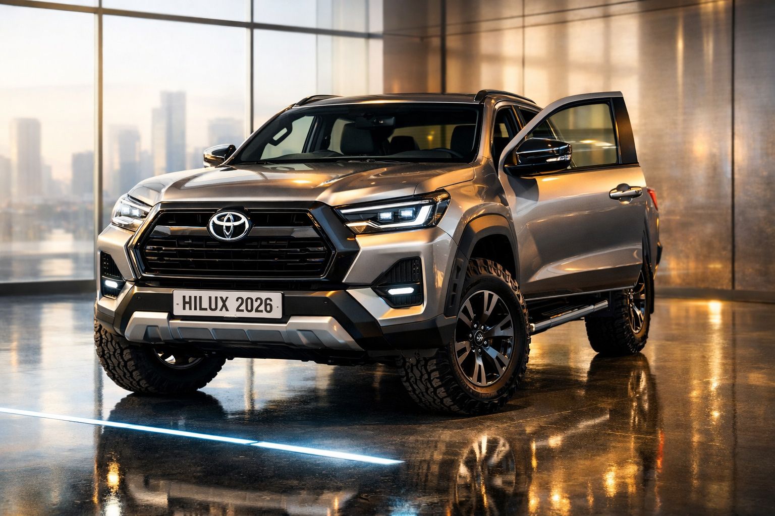 Toyota Hilux 2026 cinzento, vista frontal, luzes acesas e porta dianteira direita aberta.