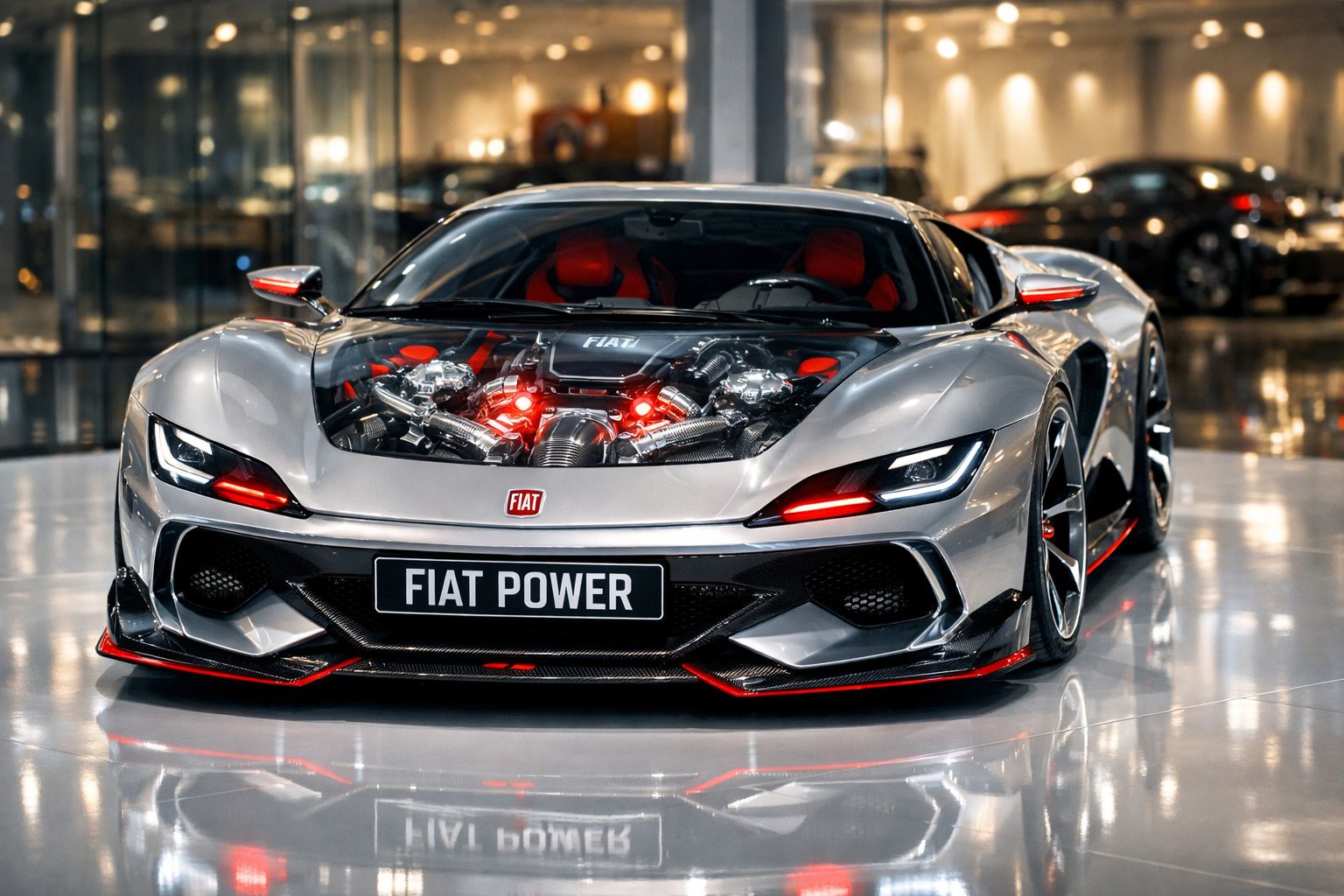 Carro desportivo cinzento com motor visível e detalhes em vermelho num showroom iluminado.