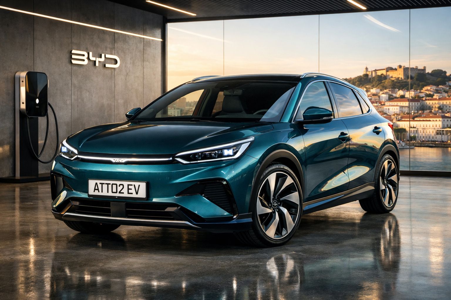 Carro elétrico BYD ATTO 2 EV verde estacionado em espaço moderno com parede de vidro e vista para cidade à tarde.