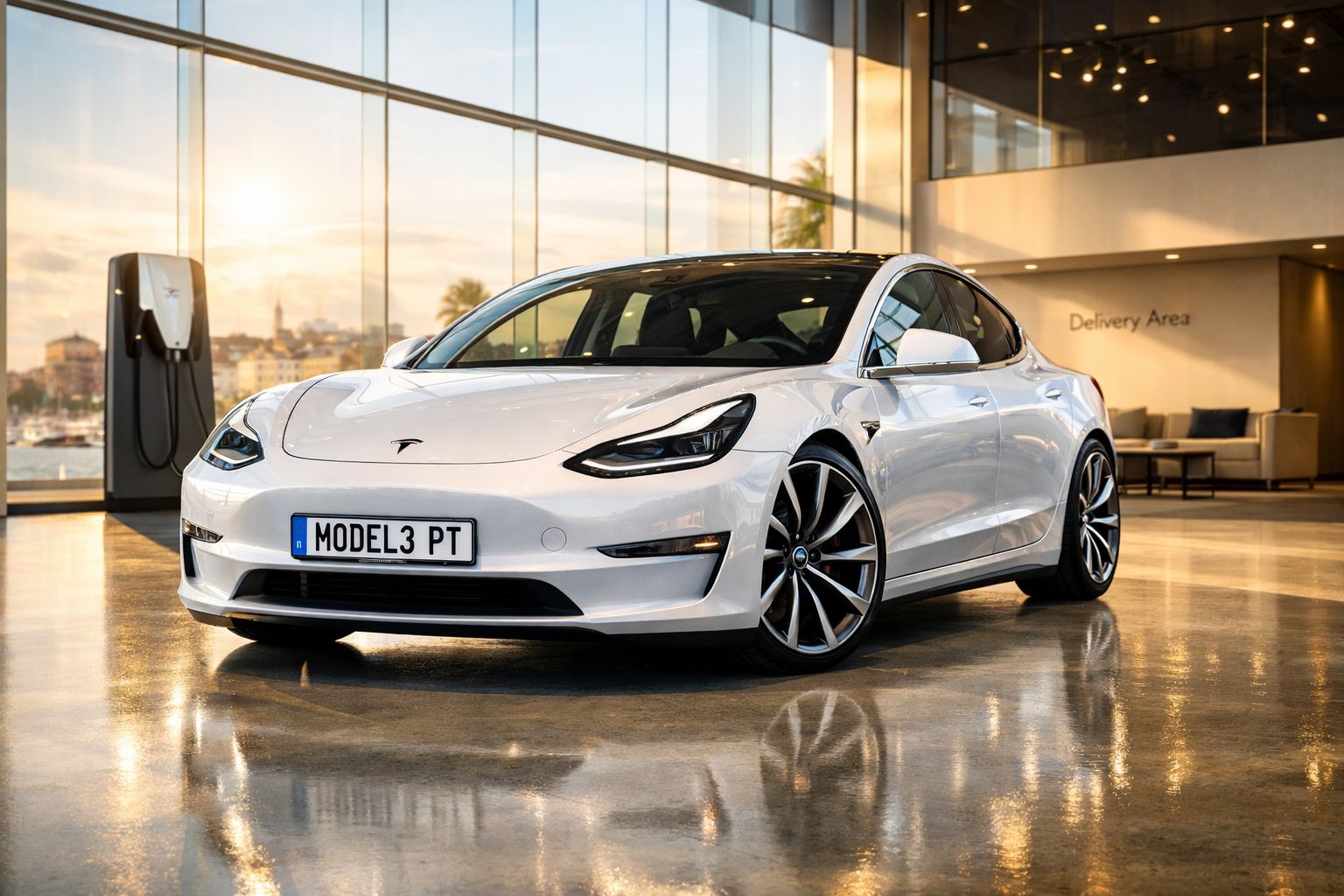 Carro elétrico Tesla Model 3 branco estacionado em showroom moderno com carregador ao fundo.