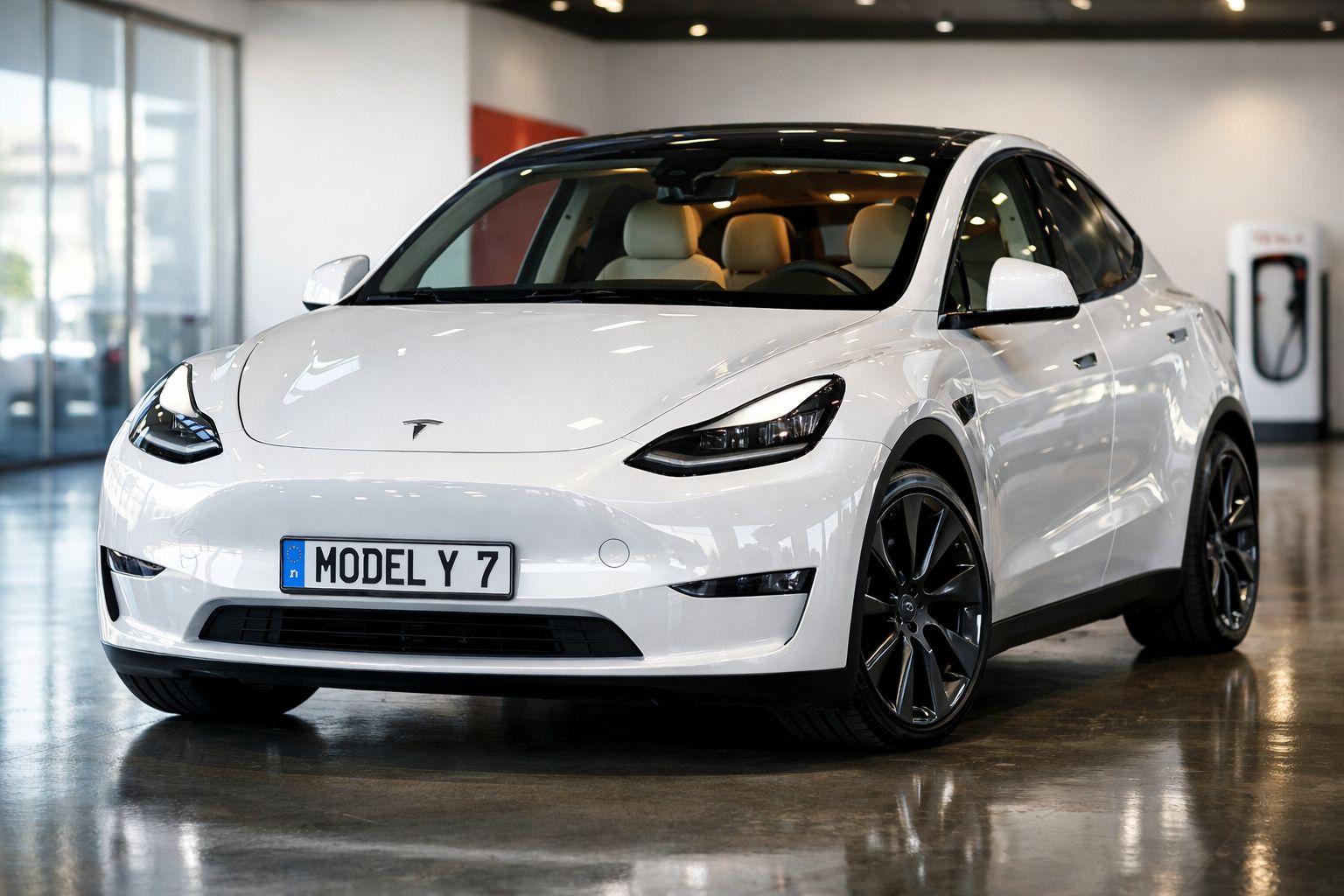 Carro elétrico Tesla Model Y branco estacionado num espaço interior com chão reflexivo.