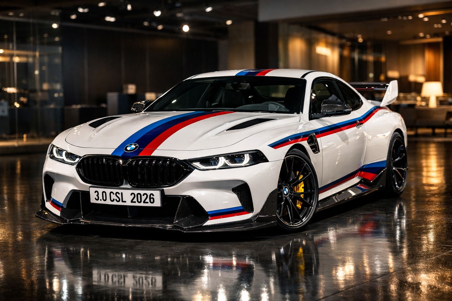 Carro desportivo BMW branco com faixas azul e vermelha, estacionado em piso polido interior à noite.