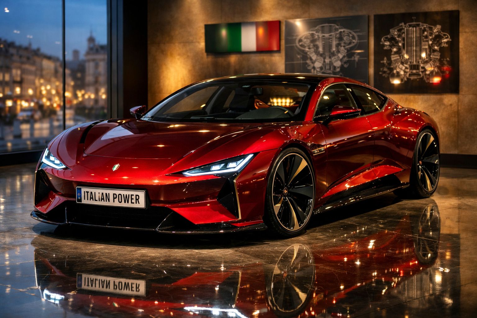 Automóvel vermelho desportivo italiano moderno com linhas aerodinâmicas exposto em interior elegante