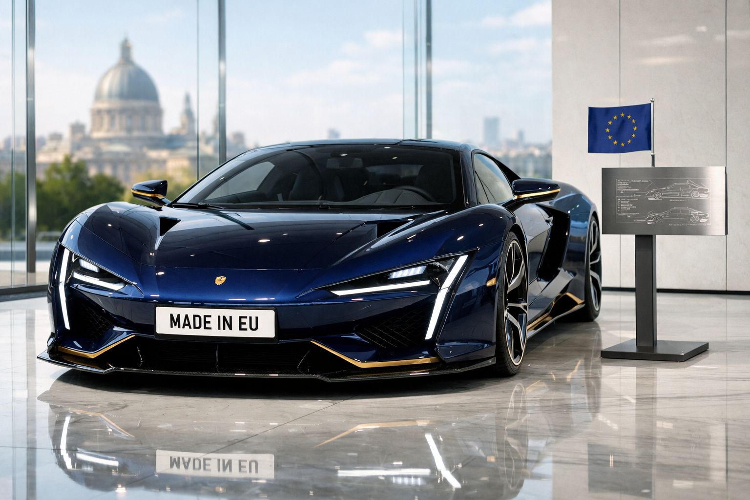 Carro desportivo azul escuro com matrícula "MADE IN EU" em exposição com bandeira da União Europeia.