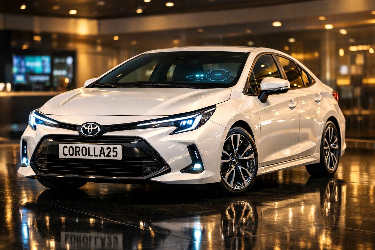 Carro Toyota Corolla branco com faróis LED ligados em ambiente interior moderno.