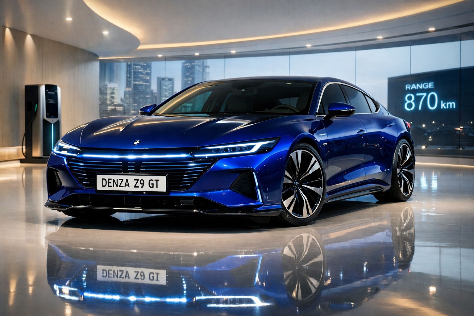 Carro elétrico azul Denza Z9 GT estacionado numa sala moderna com indicador de autonomia 870 km.