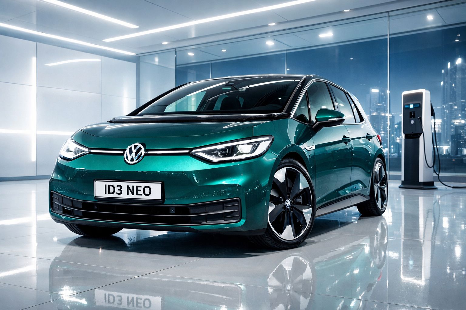 Carro elétrico Volkswagen ID3 Neo verde numa sala moderna com posto de carregamento elétrico ao fundo.