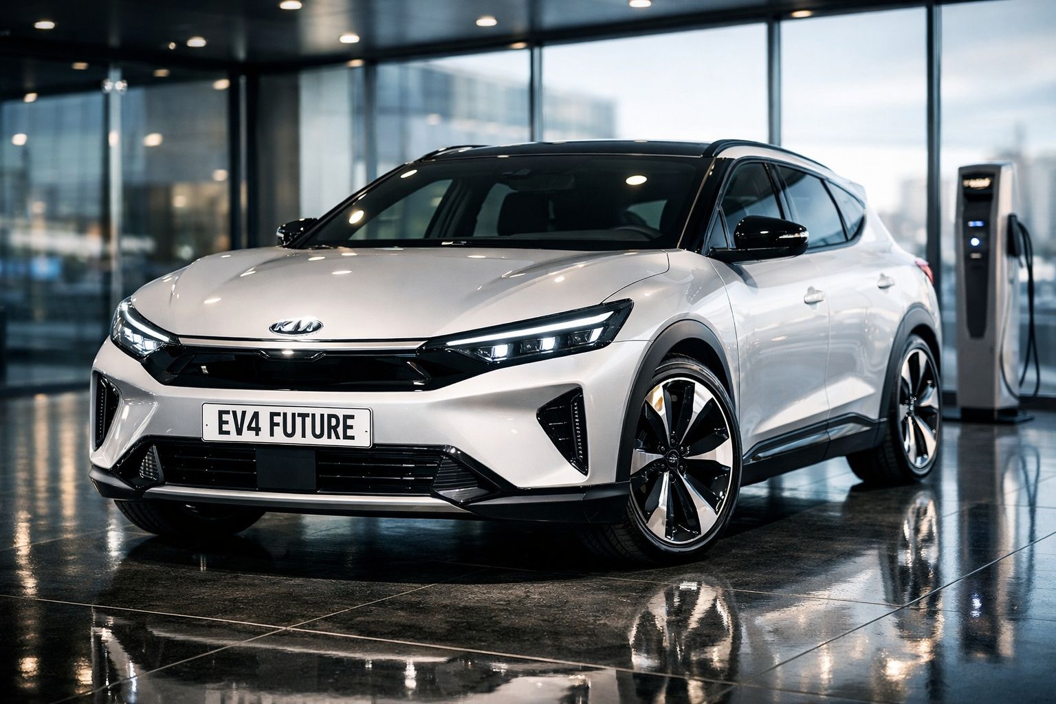 Automóvel elétrico branco Kia EV4 Future estacionado junto a posto de carregamento.