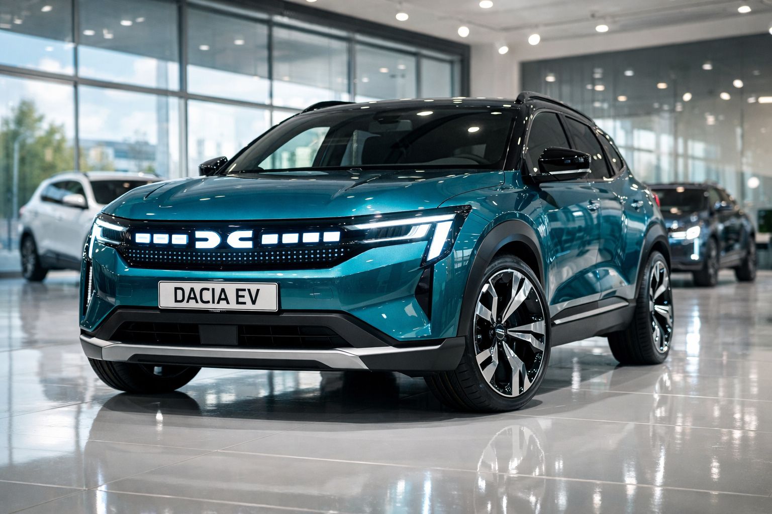Carro elétrico Dacia EV azul num showroom moderno com janelas amplas e chão refletor.