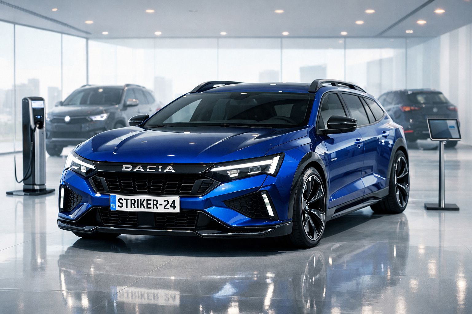 Carro elétrico Dacia azul estacionado num salão de automóveis moderno com carregador elétrico ao lado.