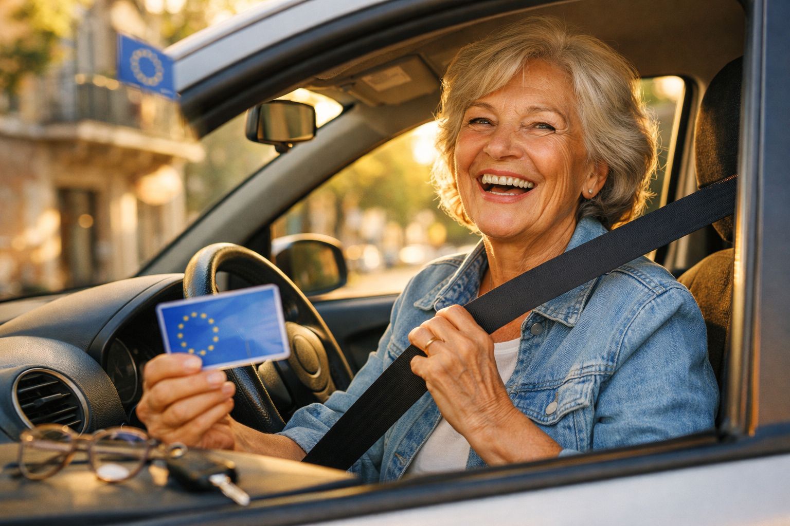 Mulher sénior sorridente no carro a usar cinto de segurança e a segurar carta de condução com símbolo da UE.