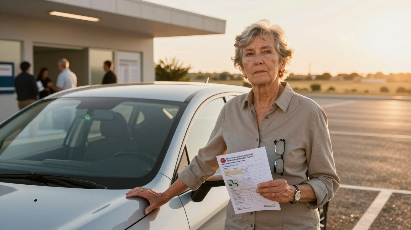 Mulher idosa segura papel de licença de condução junto a carro branco num parque de estacionamento ao pôr do sol.