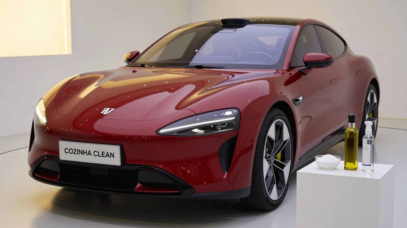 Carro elétrico vermelho numa sala branca com banco e várias garrafas sobre ele, placa "Cozinha Clean".