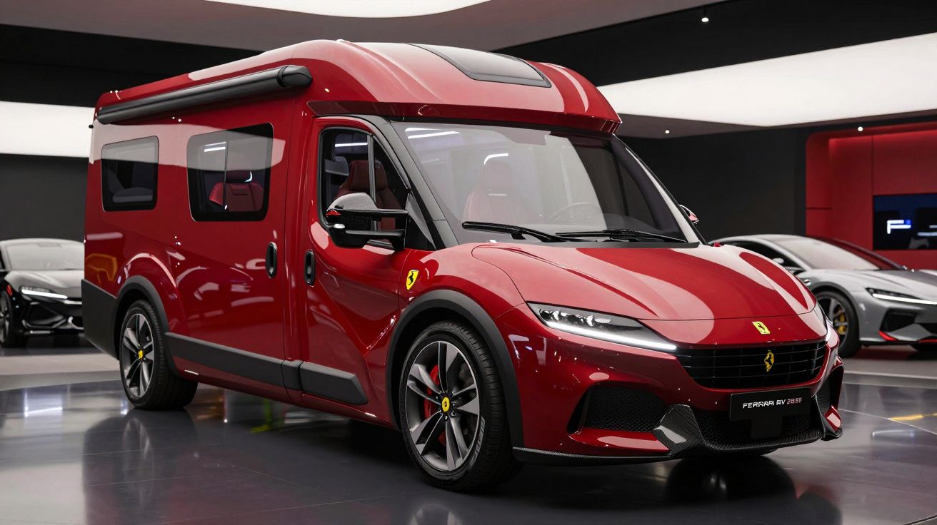 Caravana desportiva Ferrari vermelha com design moderno exposta em salão automóvel.