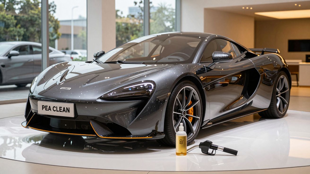 Carro desportivo preto brilhante num showroom com produto de limpeza e aplicação ao lado.