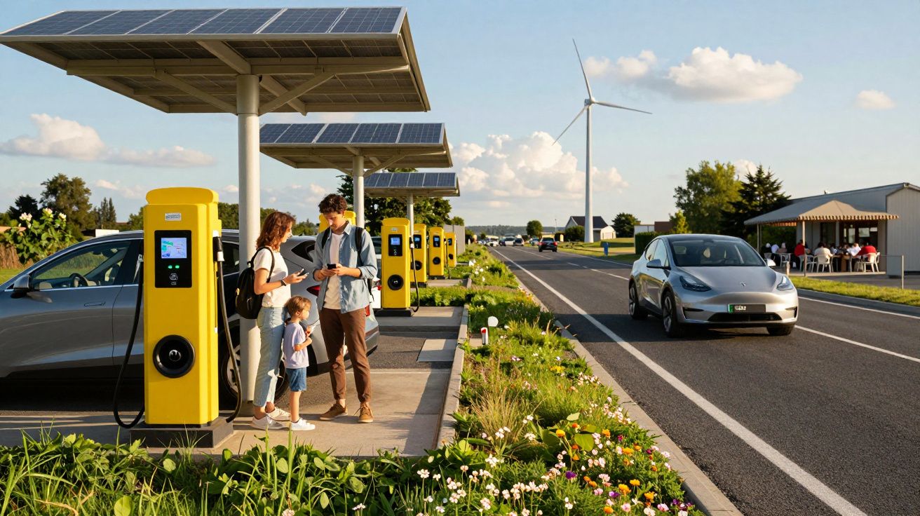 Família em posto de carregamento elétrico com painéis solares e turbina eólica numa estrada rural ensolarada.