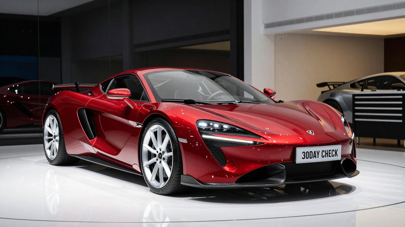 Carro desportivo vermelho brilhante estacionado em showroom moderno com piso branco e iluminação suave.