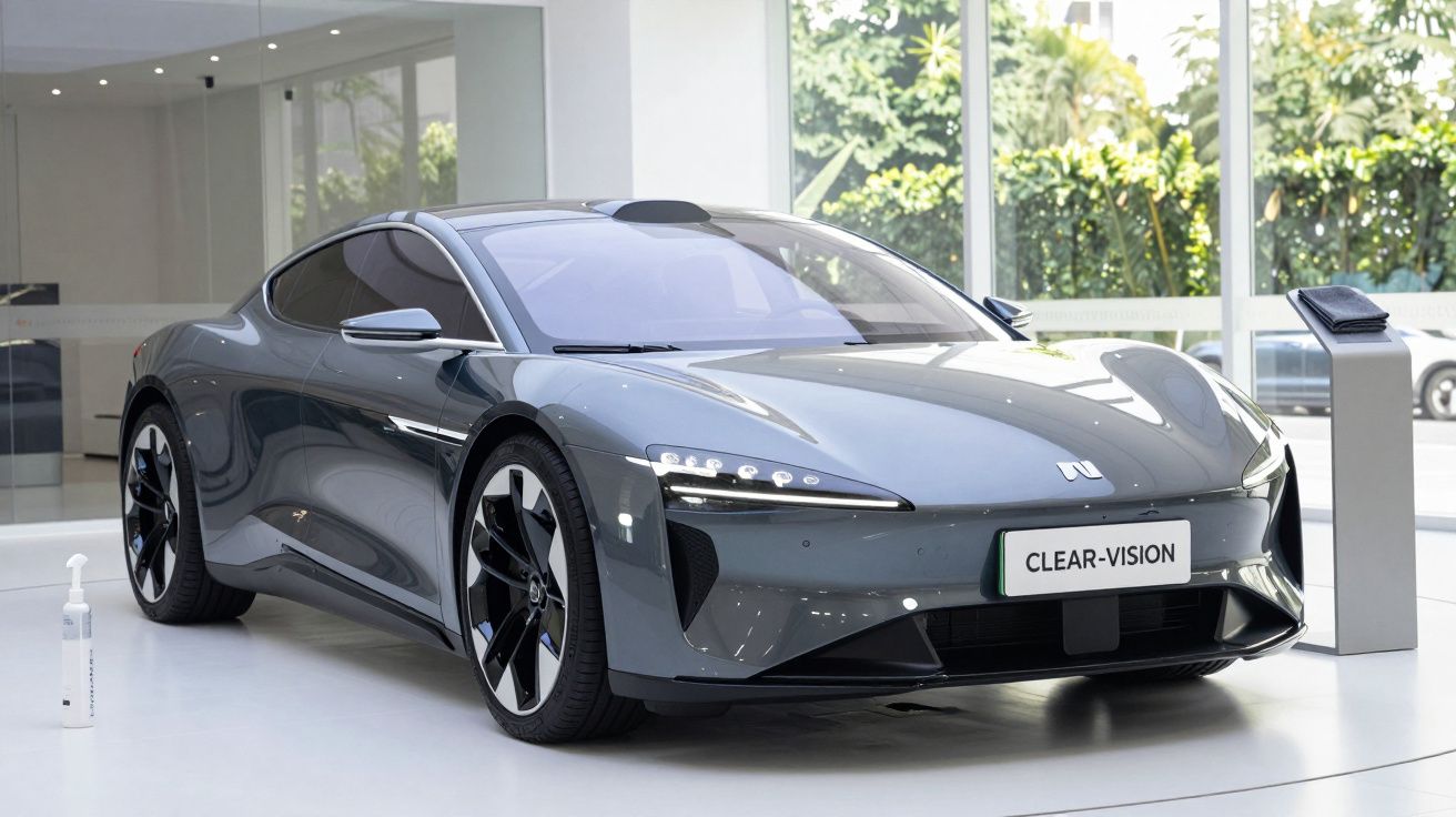 Carro desportivo elétrico cinzento estacionado em ambiente interior moderno, com placa "CLEAR-VISION".