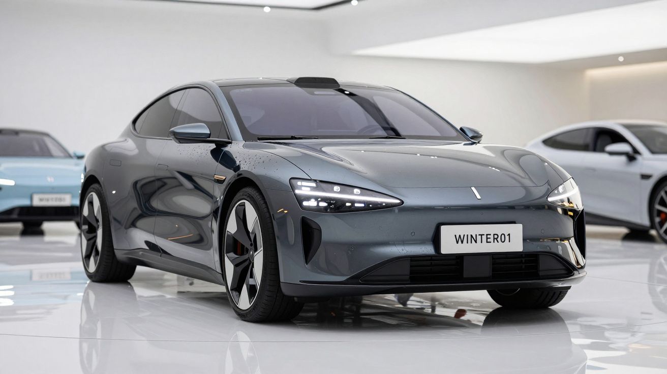 Carro elétrico moderno cinzento numa sala de exposição brilhante, com faróis LED acesos.