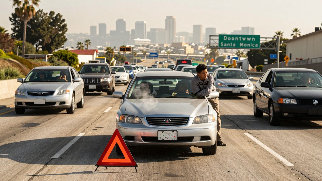Carro avariado na autoestrada com fumos saindo do capô e homem encostado na porta, rodeado de trânsito.