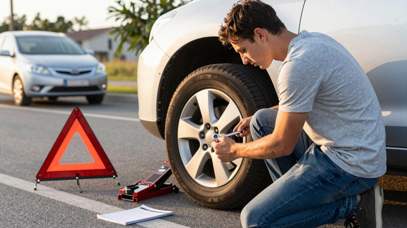 Homem a trocar um pneu furado numa estrada com triângulo de segurança e carro estacionado ao fundo.