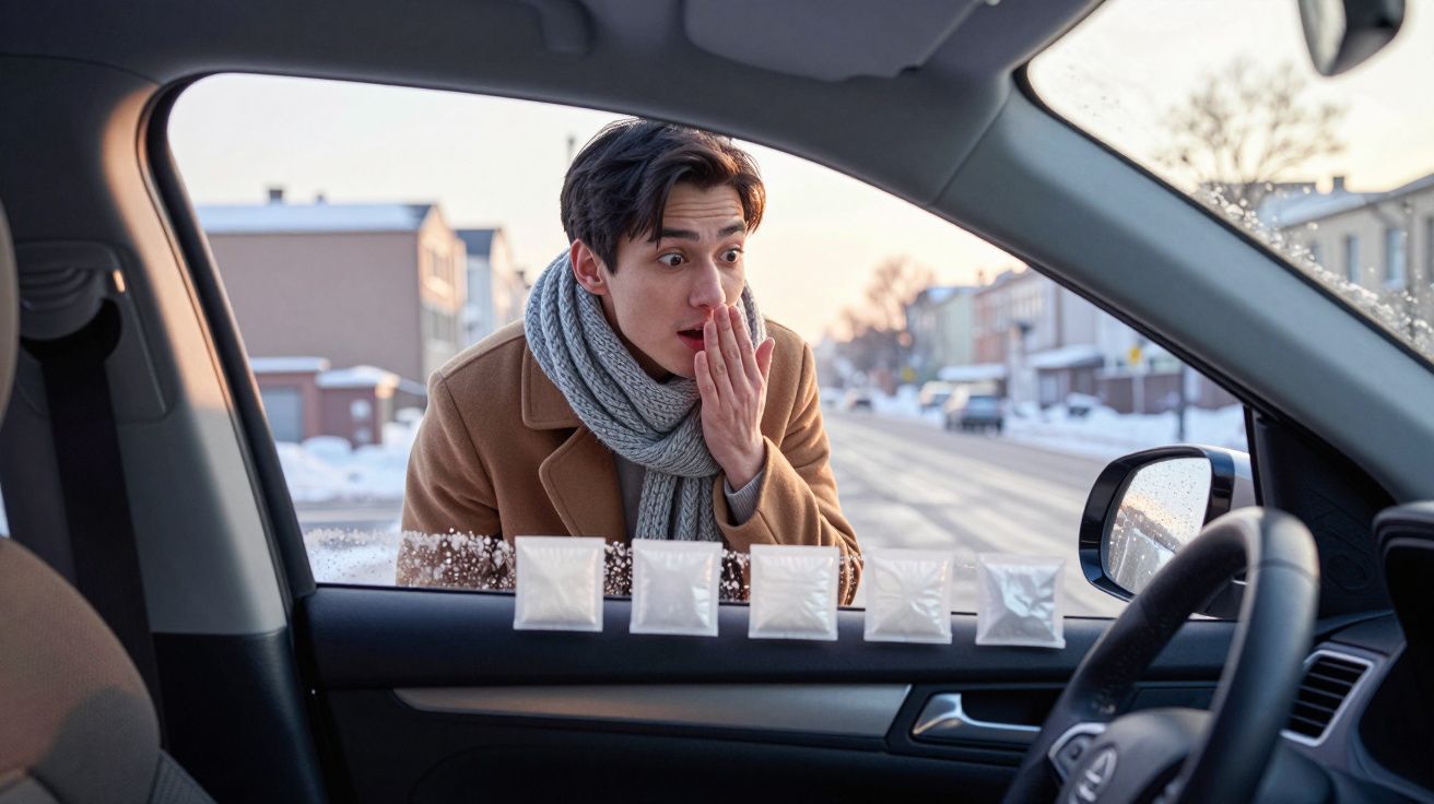 Homem surpreendido observa dentro de carro com cinco saquetas brancas coladas na janela numa rua com neve.