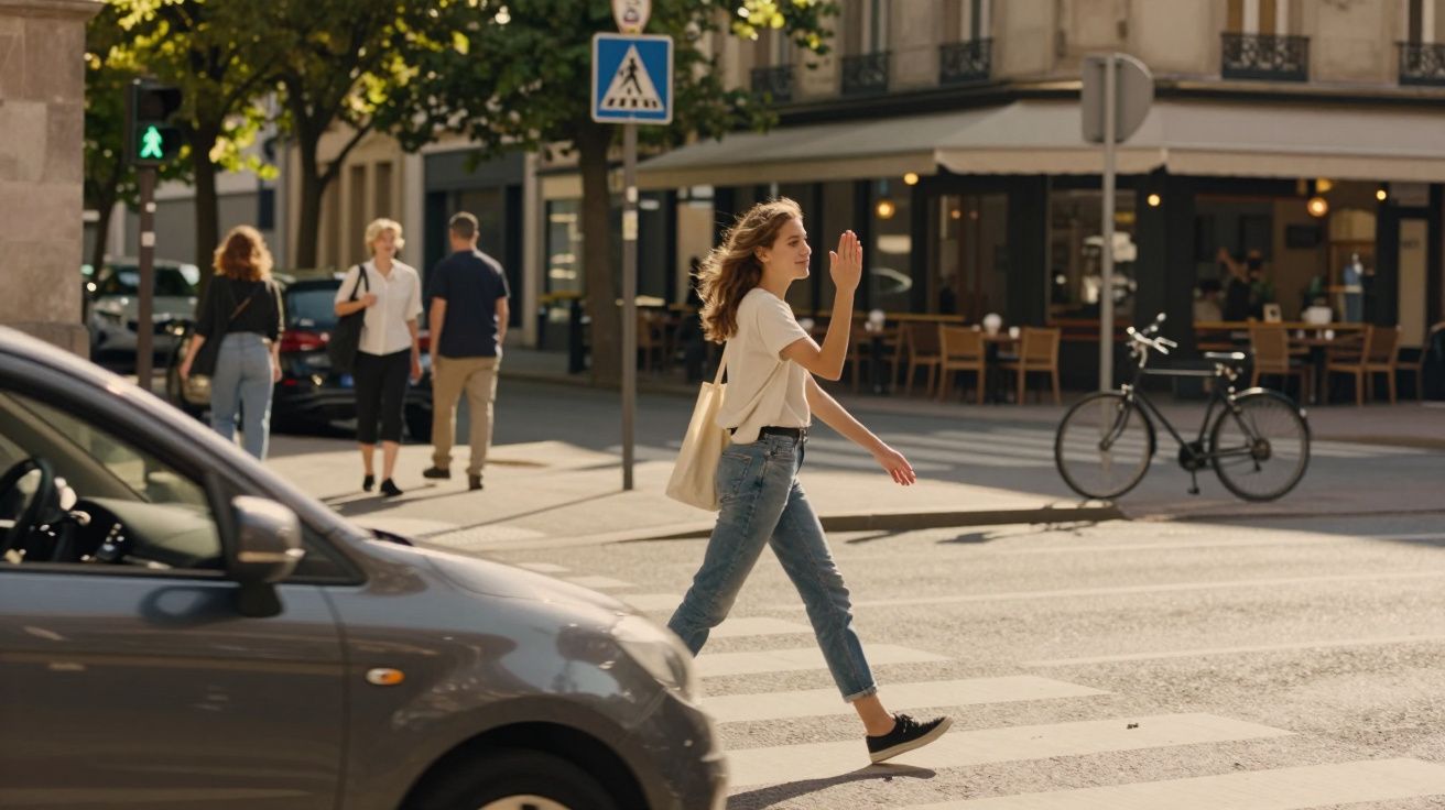 Mulher a atravessar passadeira com sinal verde, carros a esperar e pessoas num espaço urbano ensolarado.