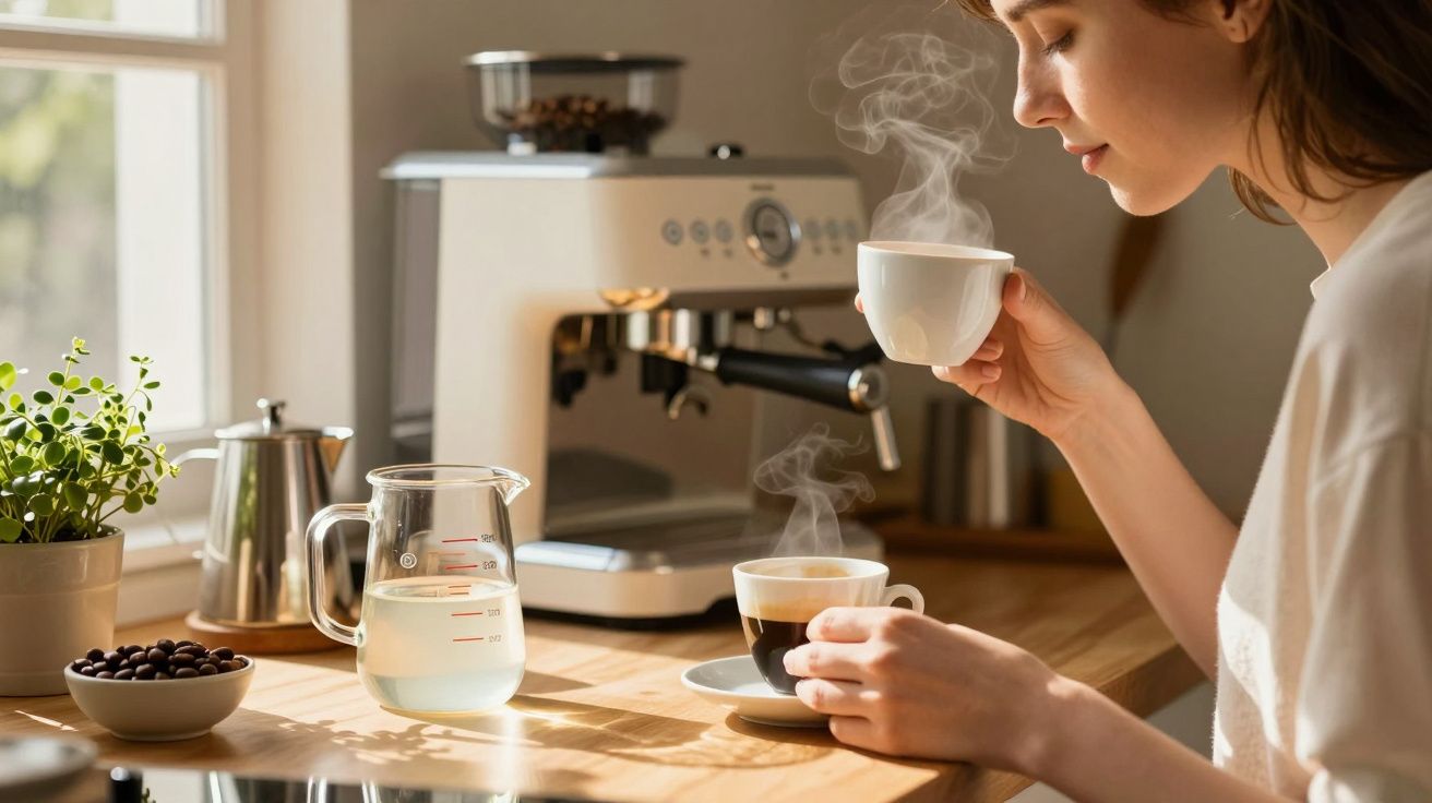 Pessoa a saborear café quente junto a cafeteira numa cozinha iluminada pela luz natural.