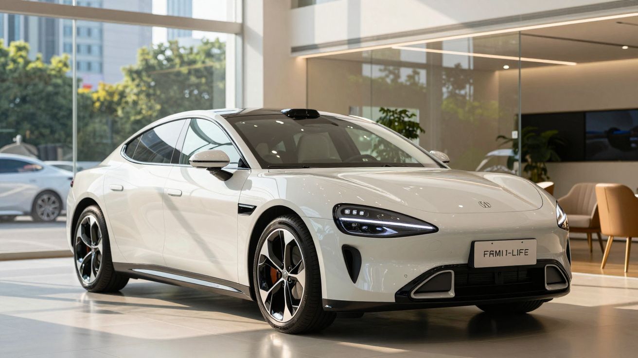 Carro elétrico branco desportivo exposto numa sala moderna com janelas grandes e iluminação natural.