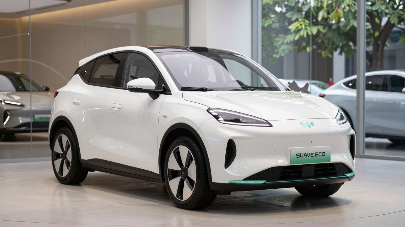 Carro elétrico branco Suave Eco em exposição numa sala com piso claro e vidro nas paredes.