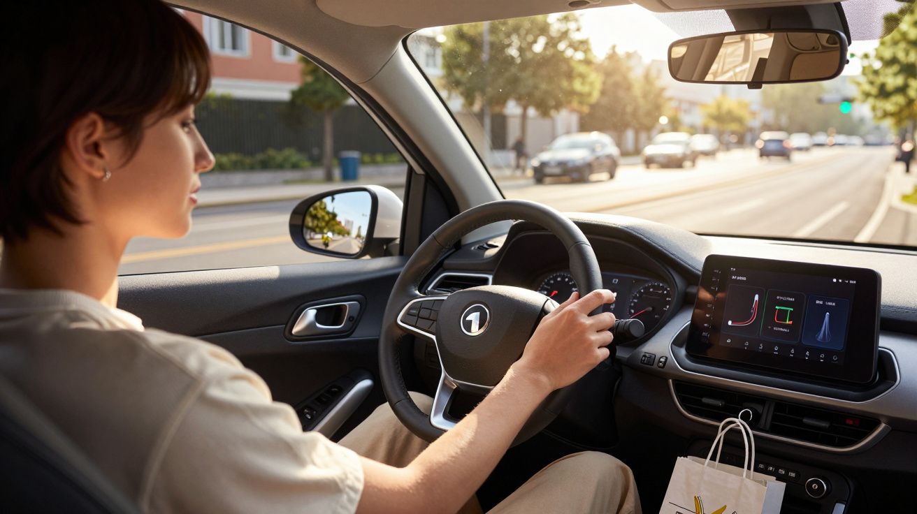 Pessoa jovem a conduzir um carro moderno, com painel digital e ecrã central tátil numa estrada urbana.