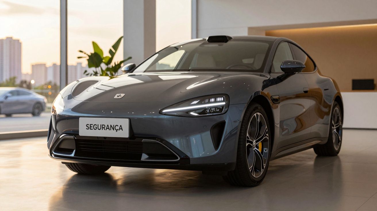 Carro desportivo eléctrico cinza escuro estacionado num showroom moderno com luz natural.