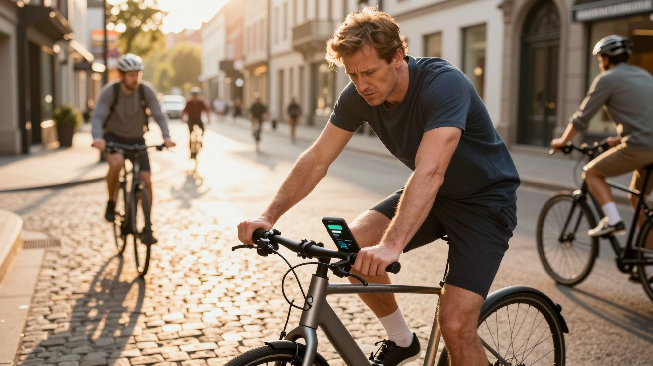 Homem de bicicleta a consultar um dispositivo no guiador, com várias pessoas a andar de bicicleta numa rua de cidade.