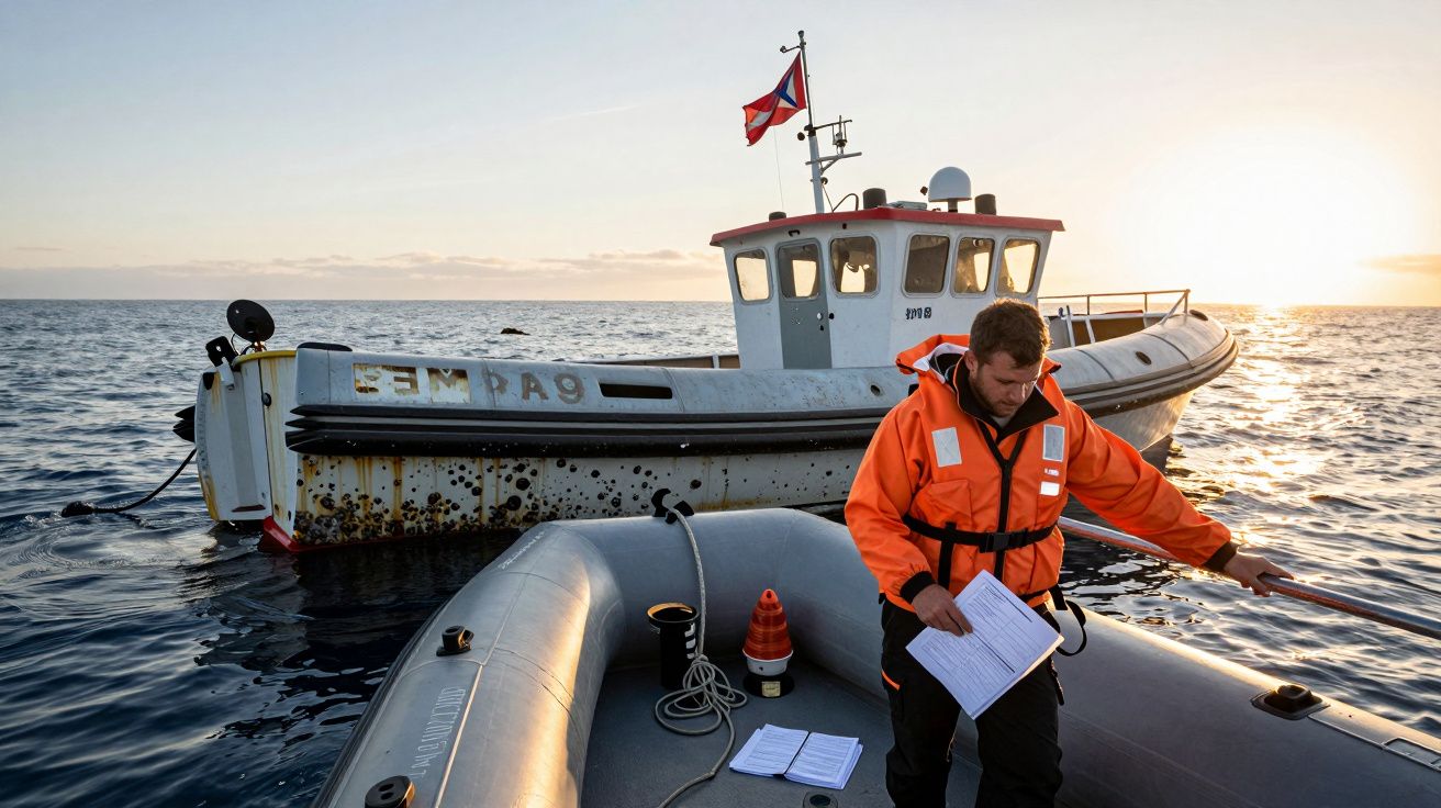 Homem com colete laranja num barco insuflável, com outro barco maior ao pôr do sol no mar.