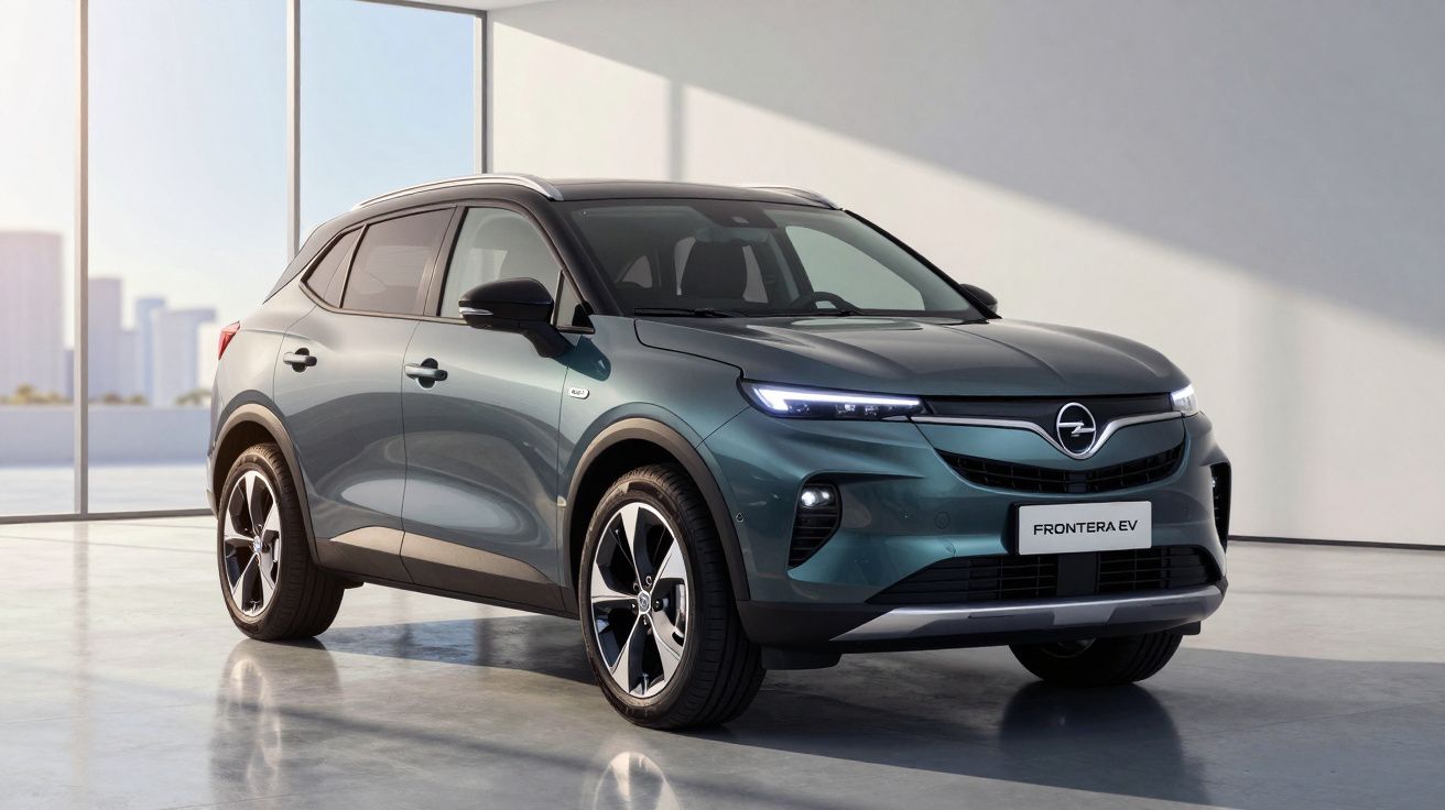 Carro SUV elétrico Opel Frontera EV cinza estacionado em ambiente interior moderno, com luz natural.