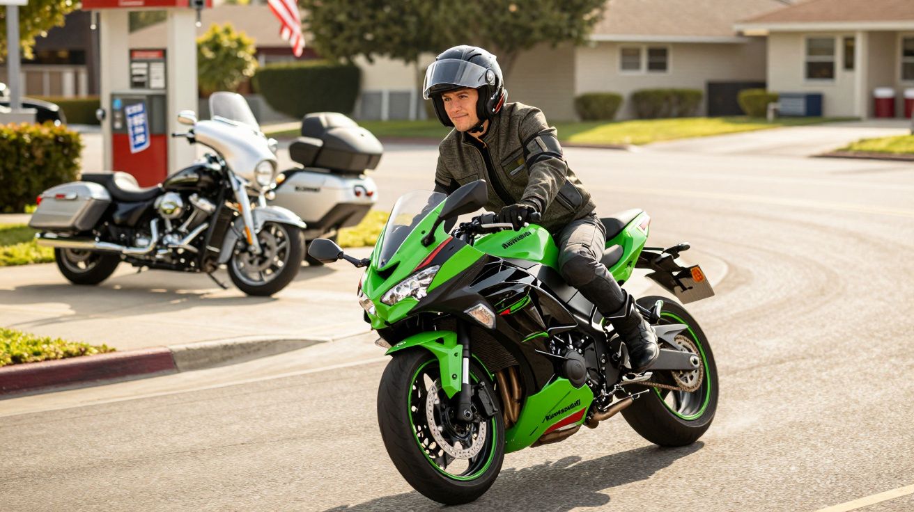 Homem com capacete preto a andar de mota desportiva verde numa rua urbana durante o dia.