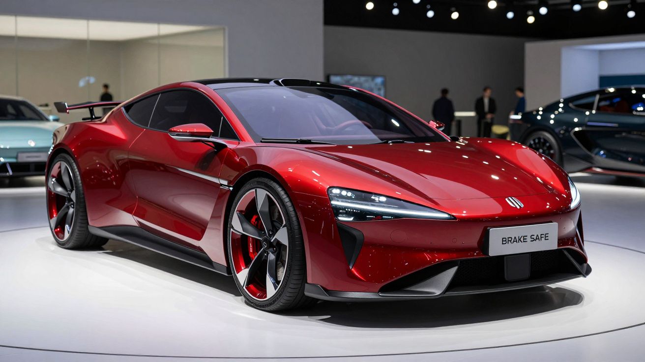 Carro desportivo elétrico vermelho brilhante exibido em salão automóvel moderno.