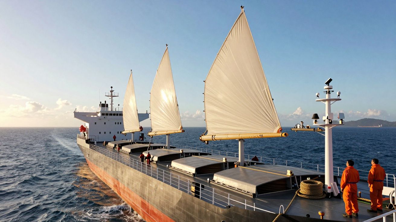 Navio cargueiro equipado com velas brancas navegando no mar ao pôr do sol, com duas pessoas de farda laranja no convés.