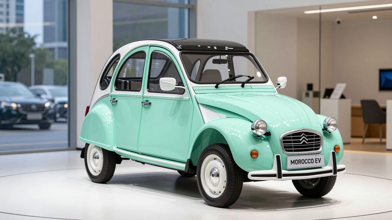 Carro Citroën 2CV elétrico verde água exposto num showroom moderno.
