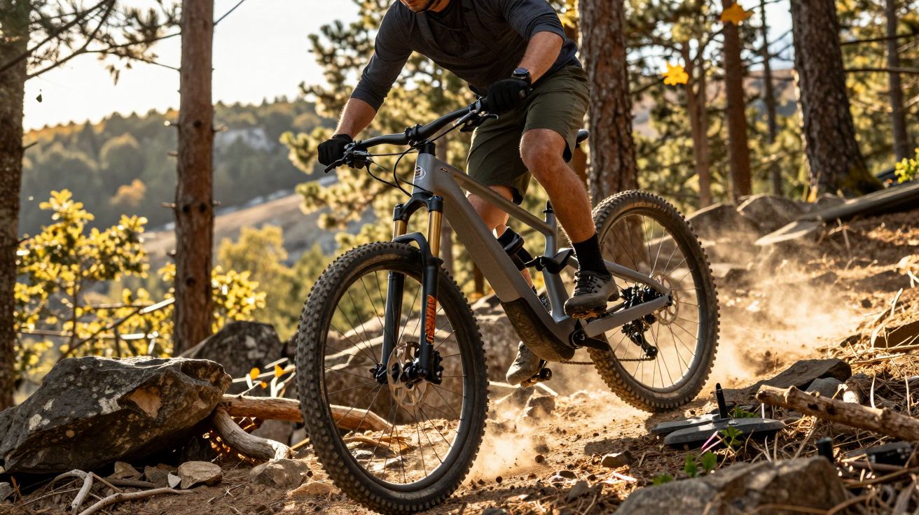 Homem a andar de bicicleta de montanha em trilho rochoso numa floresta ensolarada.