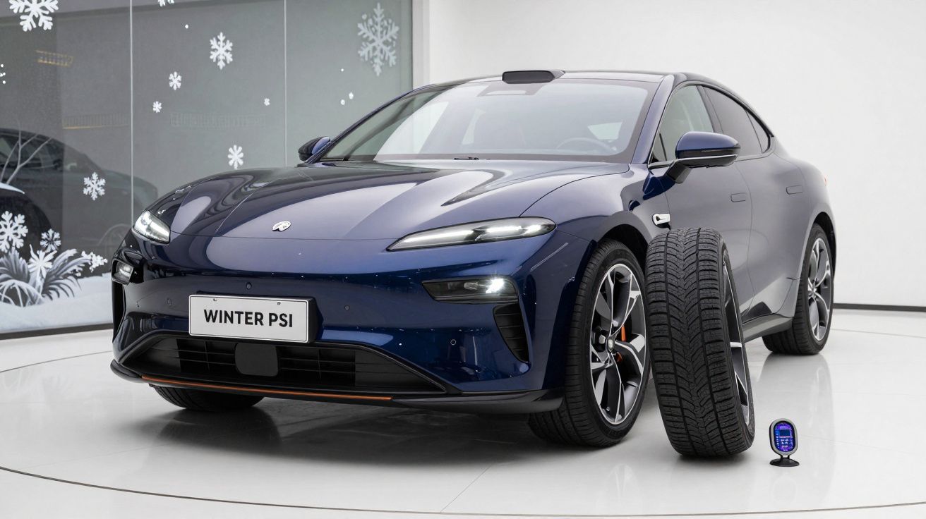 Carro elétrico azul com placa "WINTER PSI", roda detida ao lado e monitor digital de pressão dos pneus.