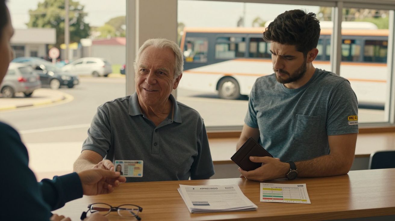 Homem idoso entrega cartão de identificação numa mesa com jovem que segura carteira e documentos.