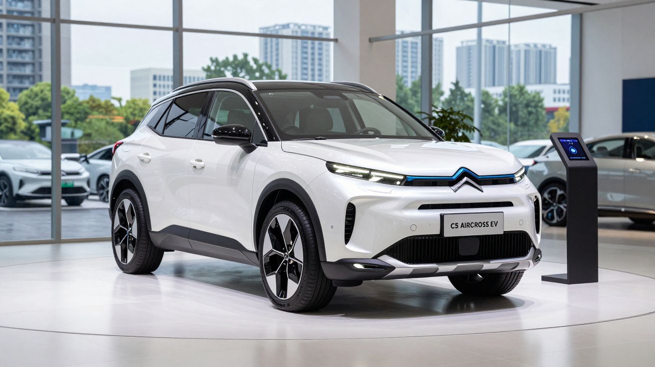 Carro elétrico Citroën C5 Aircross EV branco exibido em showroom moderno com grandes janelas.