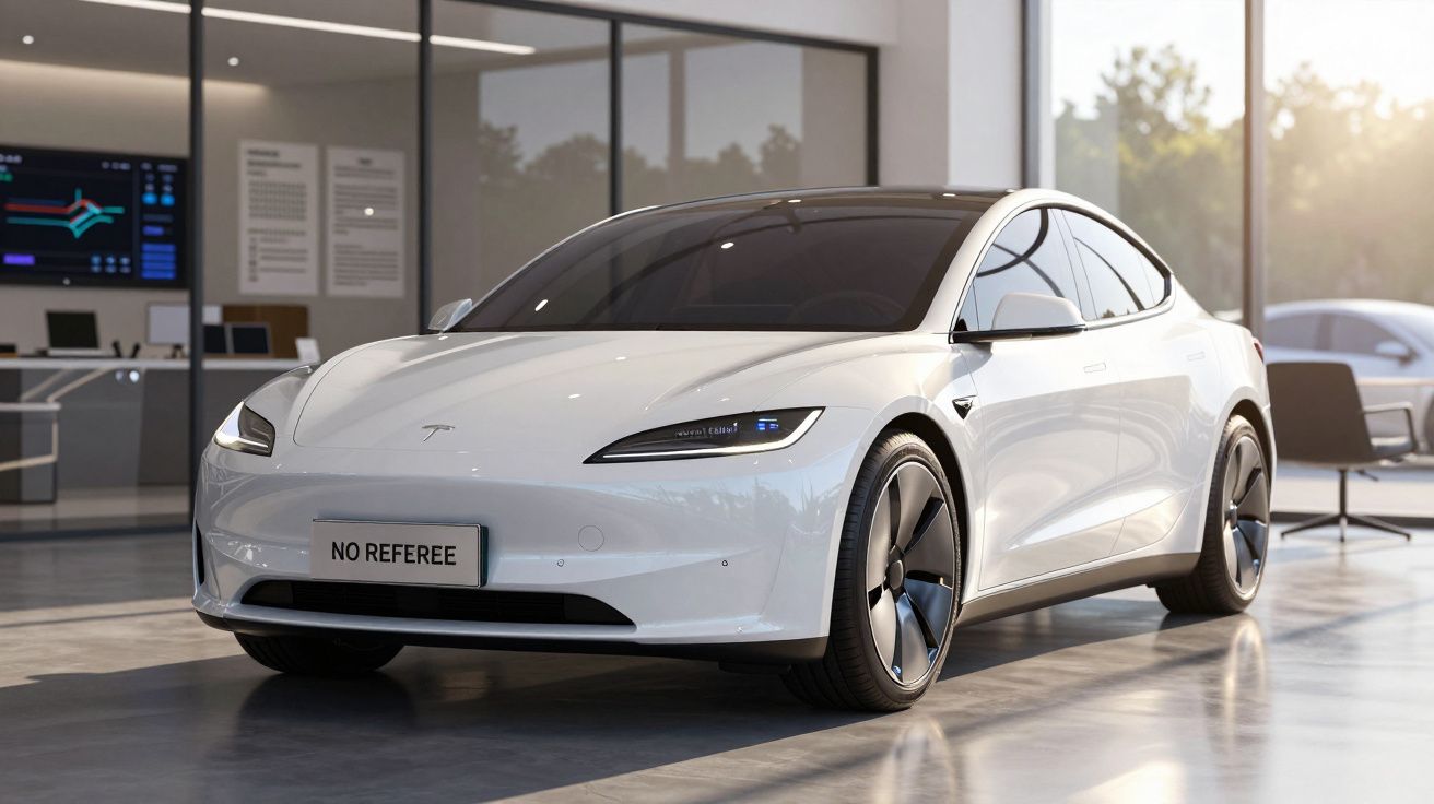 Carro elétrico branco Tesla Model 3 estacionado dentro de uma sala moderna com janelas grandes.