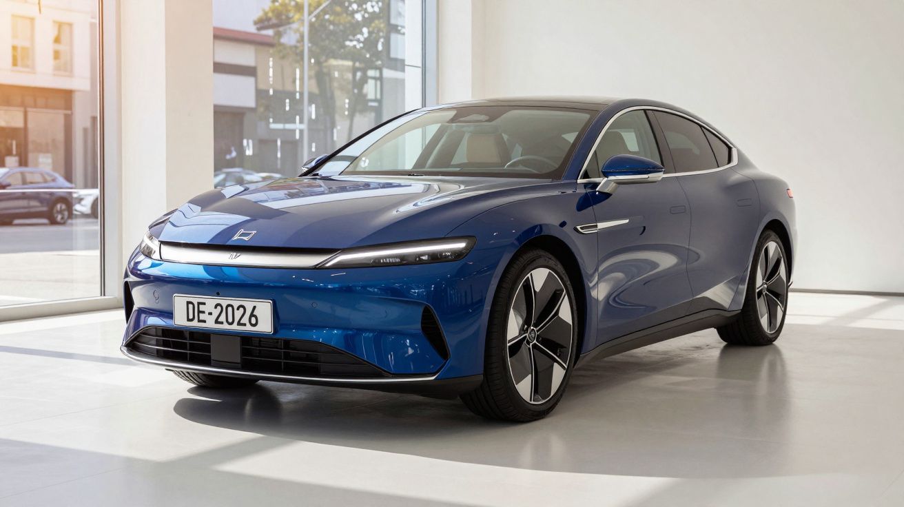 Carro elétrico azul moderno estacionado dentro de uma sala com janelas grandes e luz natural.