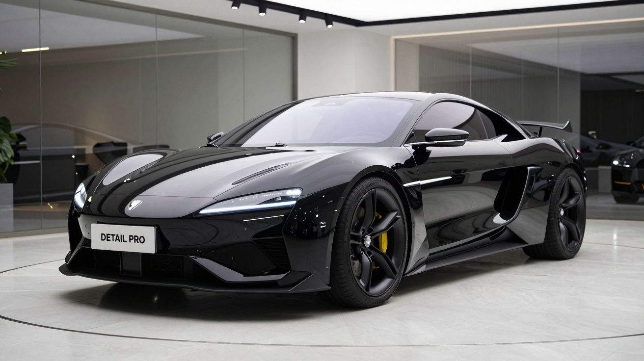 Carro desportivo preto estacionado em garagem moderna com iluminação focada no teto.