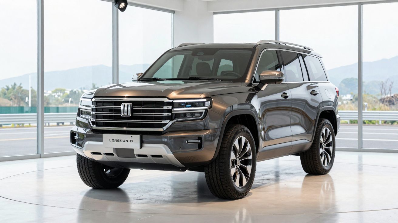 SUV cinzento escuro Longrun-D estacionado num interior com grandes janelas panorâmicas.