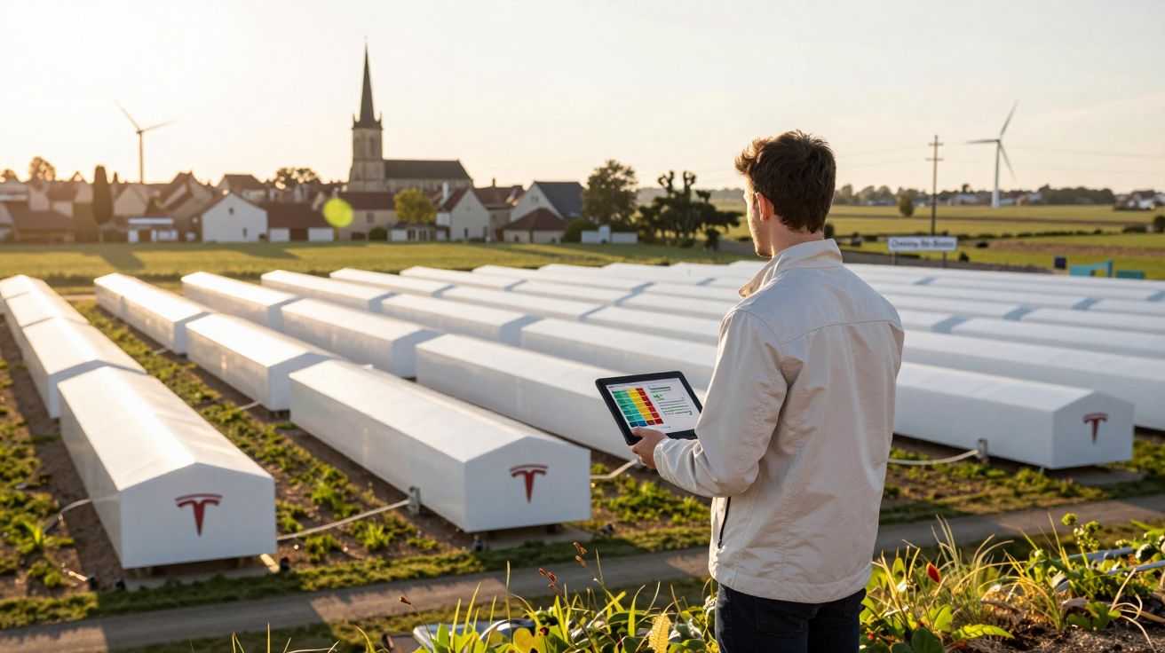 Homem a analisar dados num tablet junto a baterias Tesla instaladas num campo ao pôr do sol.