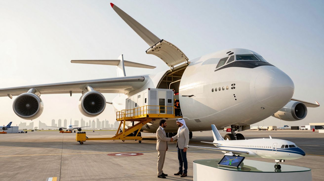 Dois homens cumprimentam-se junto a um avião de carga grande aberto num aeroporto com modelo de avião pequeno à frente.