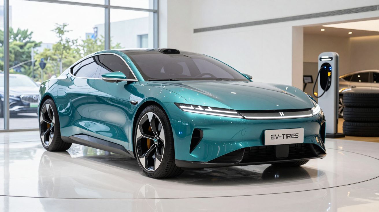 Carro elétrico moderno azul com design aerodinâmico exposto em showroom iluminado.